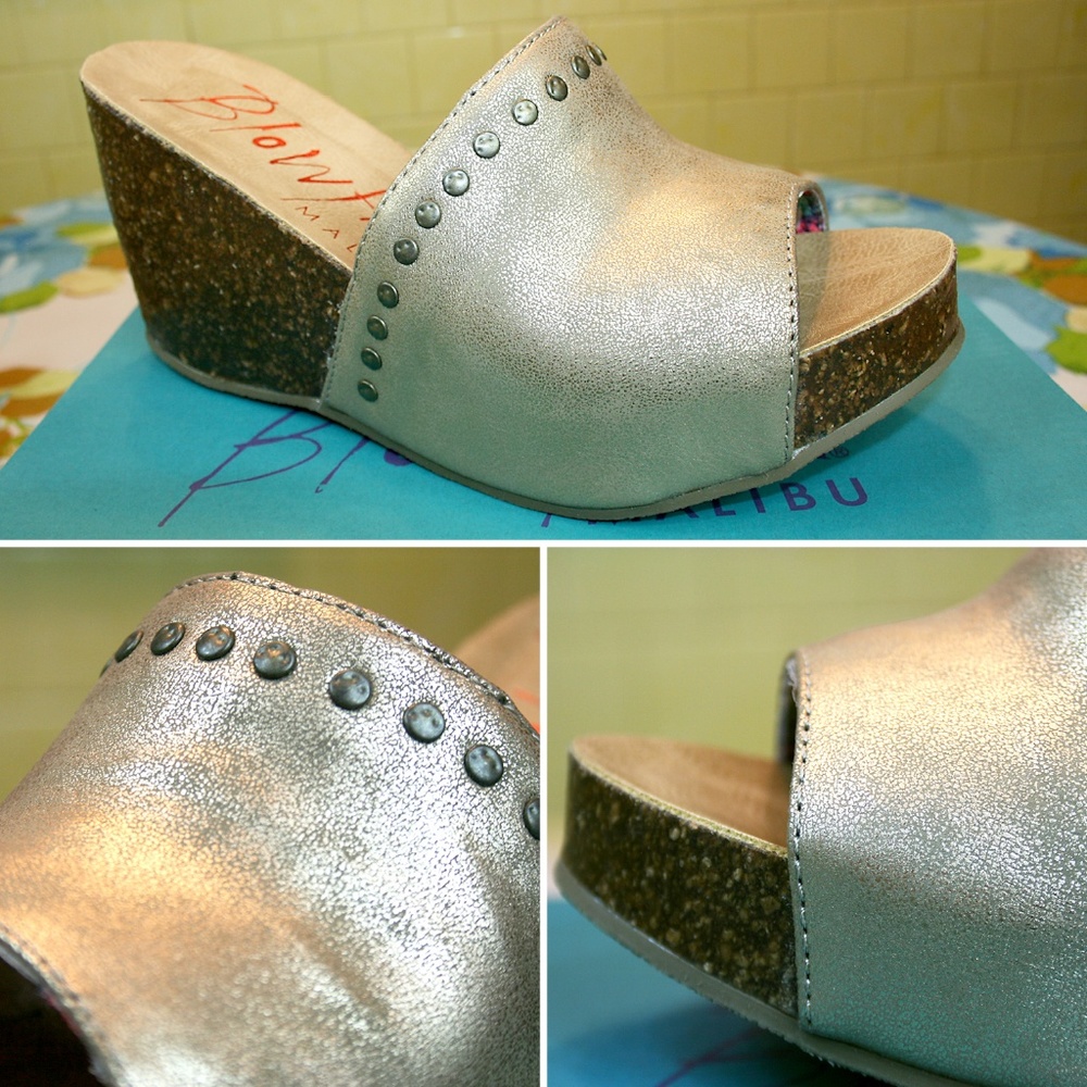 Studded Metallic Vegan Leather Wedge Sandal NIB - Picture 5 of 8